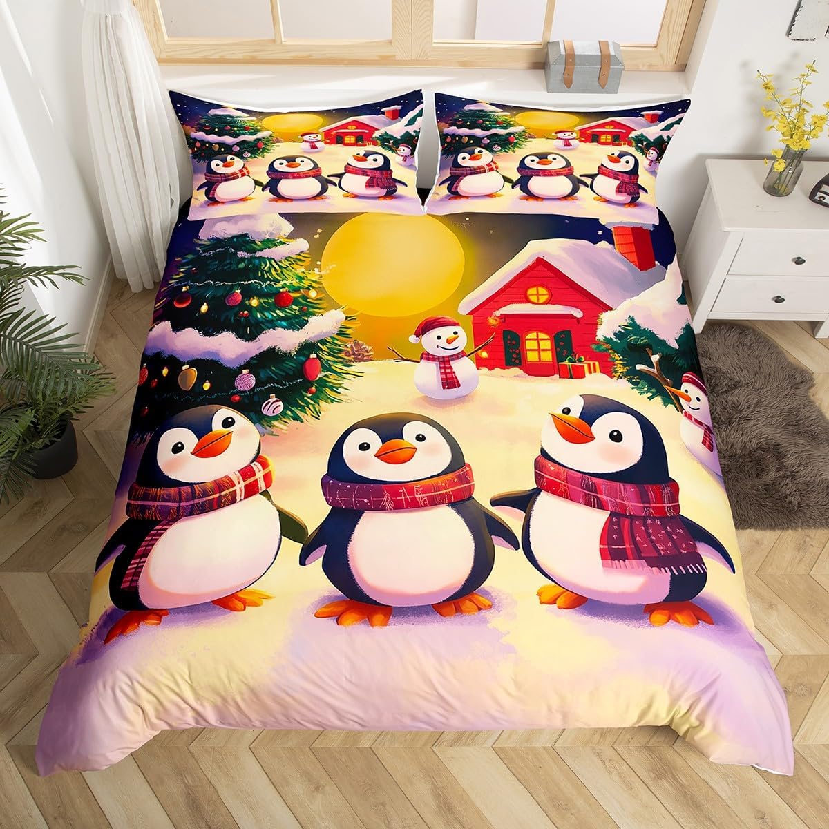 Erosebridal Xmas Penguin Twin Bedding Set Cartoon Christmas Duvet Cover Cute Christmas Snowman Comforter Cover for Kids Boys Girls,Christmas Tree Red House Quilt Cover Home Decor 1 Pillow Case