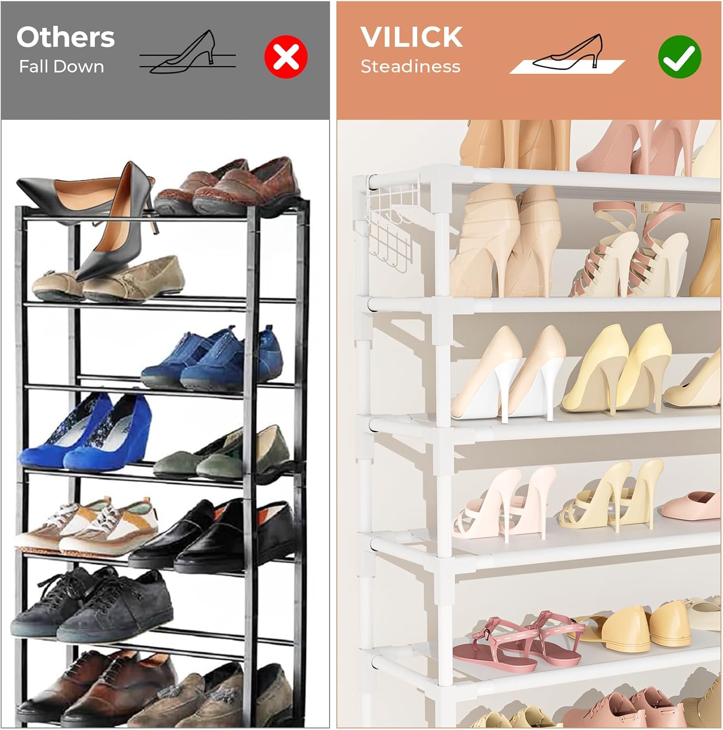 VILICK 11 Tiers Tall Wide Shoe Rack 55 Pairs Large Capacity Sturdy Durable Shoe Rack for Closet Metal Shoe Organizer Shelf with Two Hooks Space Saving for Entryway White