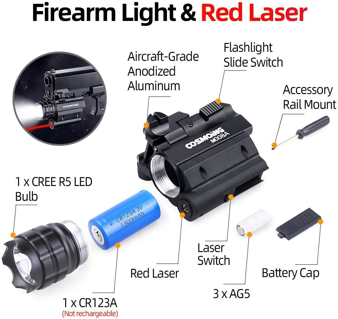 COSMOING Rail Mounted Pistol Red Laser Light Combo (Laser Sight Combo) & 600 Lumen Strobe Pistol Flashlight Rail Mount Gun Flashlight with Quick Release for Pistols Handguns,Gun Light,Pistol,Rifles : Sports & Outdoors