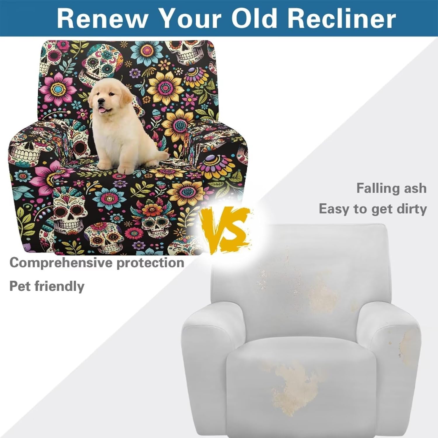 Wanyint Skull Boho Floral Chair Cover for Recliner with Arms Stay in Place Recliner Slipcover 4 Pieces Soft Single Seat Reclining Couch Cover for Living Room Home Decor
