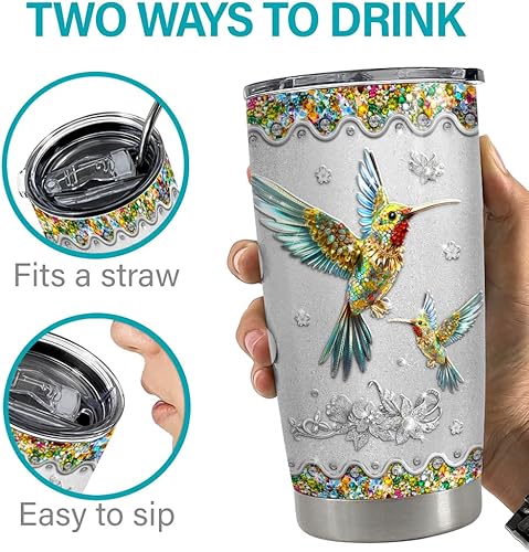 Miniatura 7 de SANDJEST Vaso de colibrí personalizado de 20 onzas, 30 onzas, vasos aislados con tapa, taza de viaje de café para mujeres y niñas, joyería de