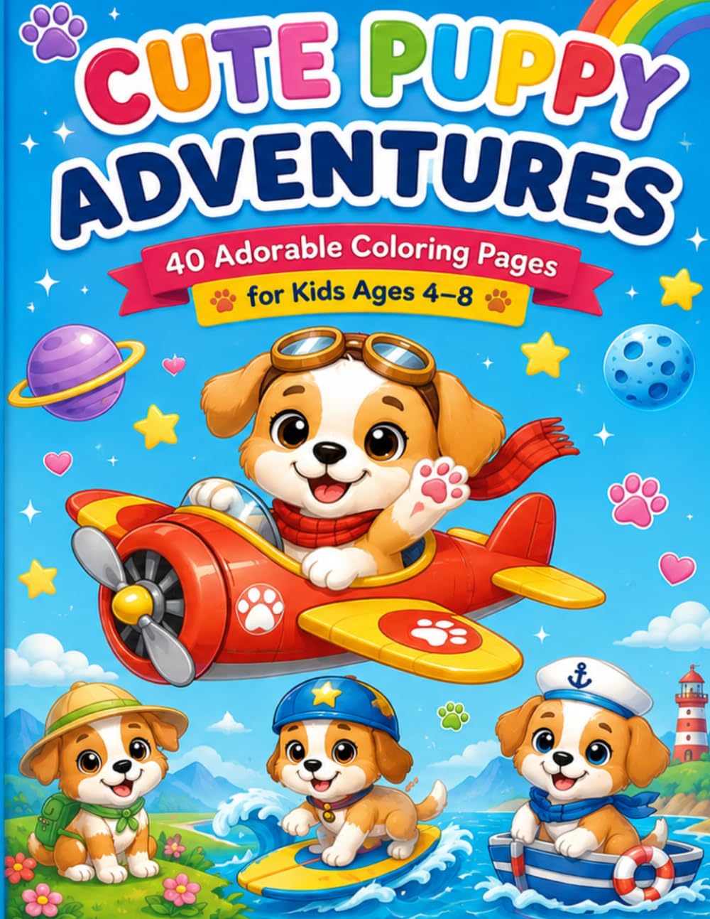Cute Puppy Adventures Coloring Book: 40 Adorable Coloring Pages for Kids Ages 4–8