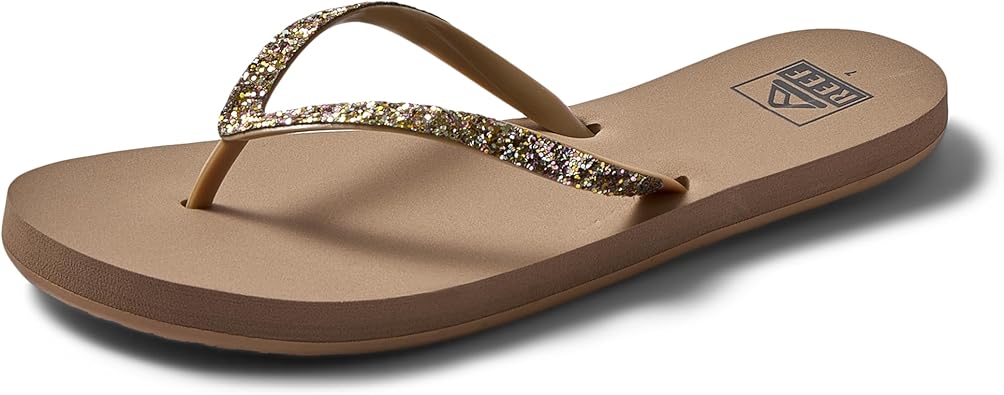 REEF Womens Sandals Stargazer | Glitter Flip Flops for Women With Soft Cushion Footbed | Waterproof, Black/Black, 11