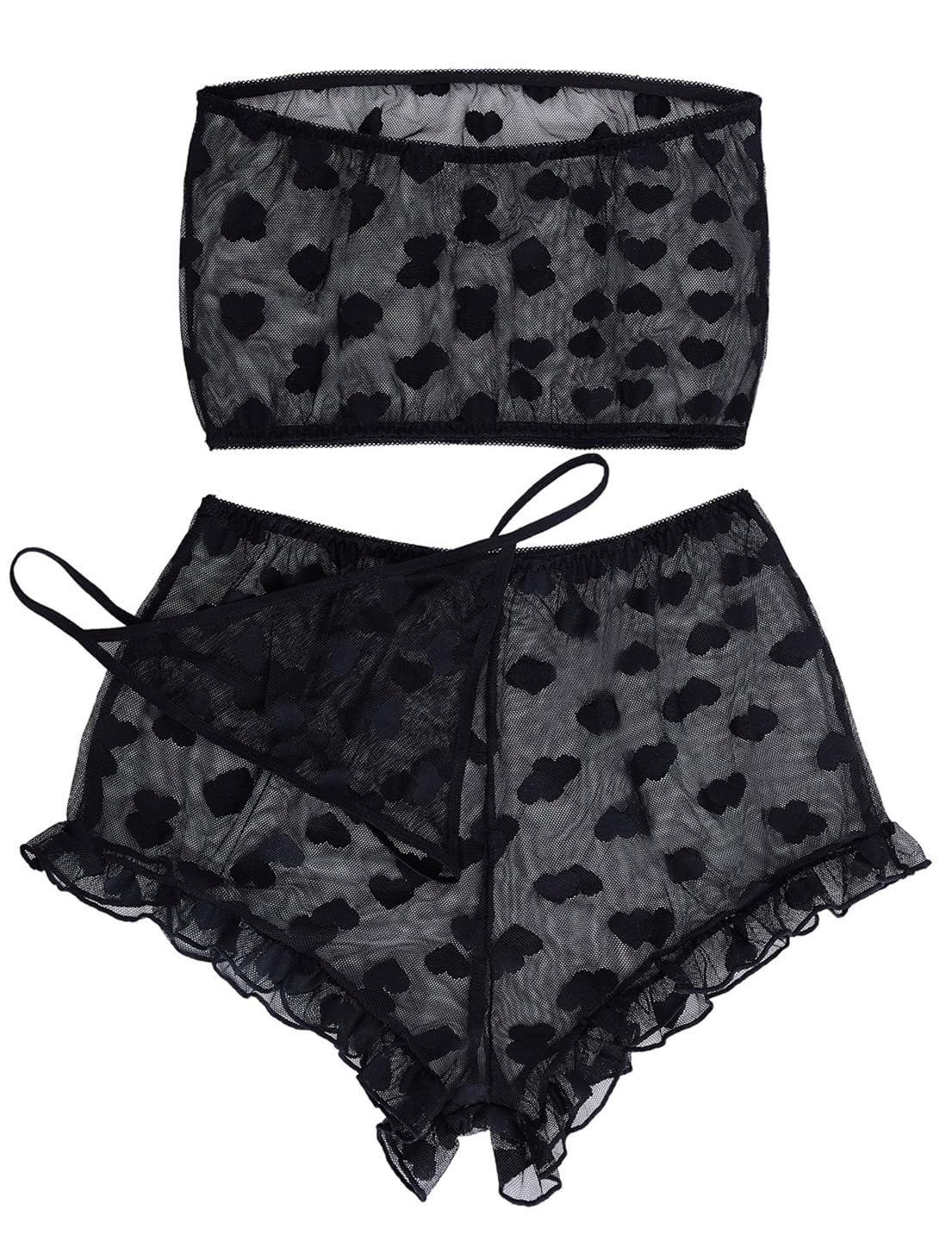 Pretishows Women's Lingerie Set Stretchy Lace Bandeau Bra Top Underwear with Shorts and Thong Size S-XXL: Large Black