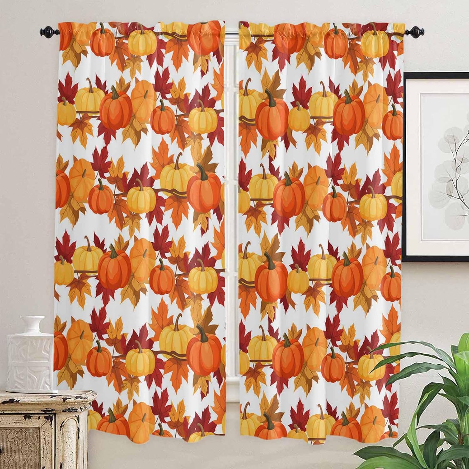 Orange Yellow Pumpkin Fall Kitchen Curtains, Thanksgiving Botanical Farmhouse Leaf Light Filter Window Curtain, 2Pcs Rod Pocket Window Treatments Set for Living Room Bathroom Bedroom 52x72 Inches