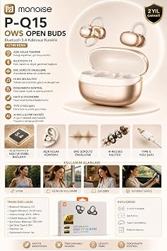 Monoise P-Q15 OWS Open Buds Bluetooth 5.4 Kablosuz Kulaklık, Küpe Kulaklık, Altın