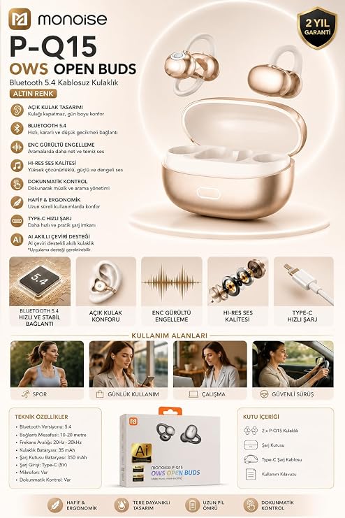 Monoise P-Q15 OWS Open Buds Bluetooth 5.4 Kablosuz Kulaklık, Küpe Kulaklık, Altın