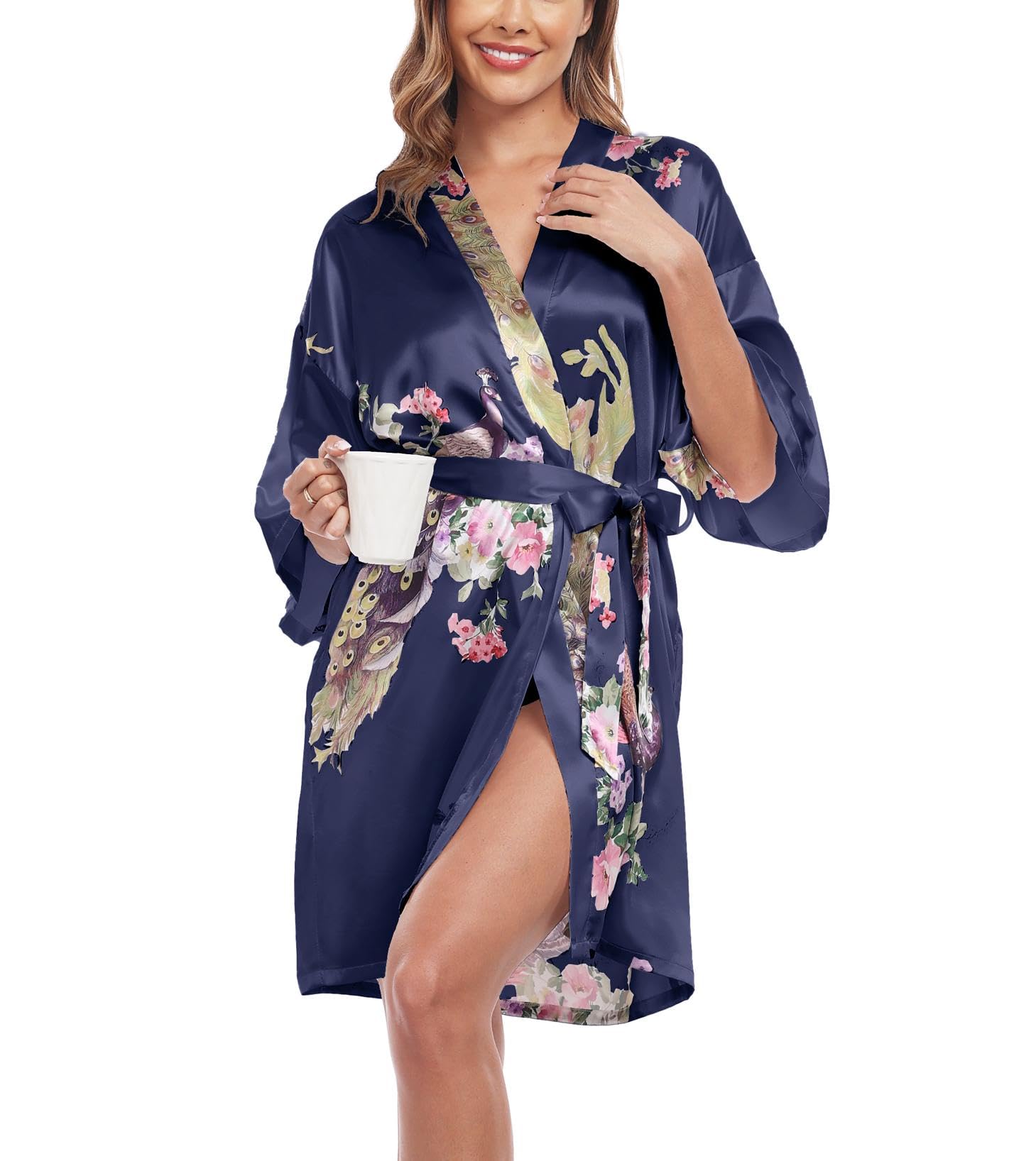 Womens Kimono Robe Floral Silky Satin Bathrobes Wedding Robes for Bride Bridesmaids Soft Dressing Gown Peacock Printed Navy