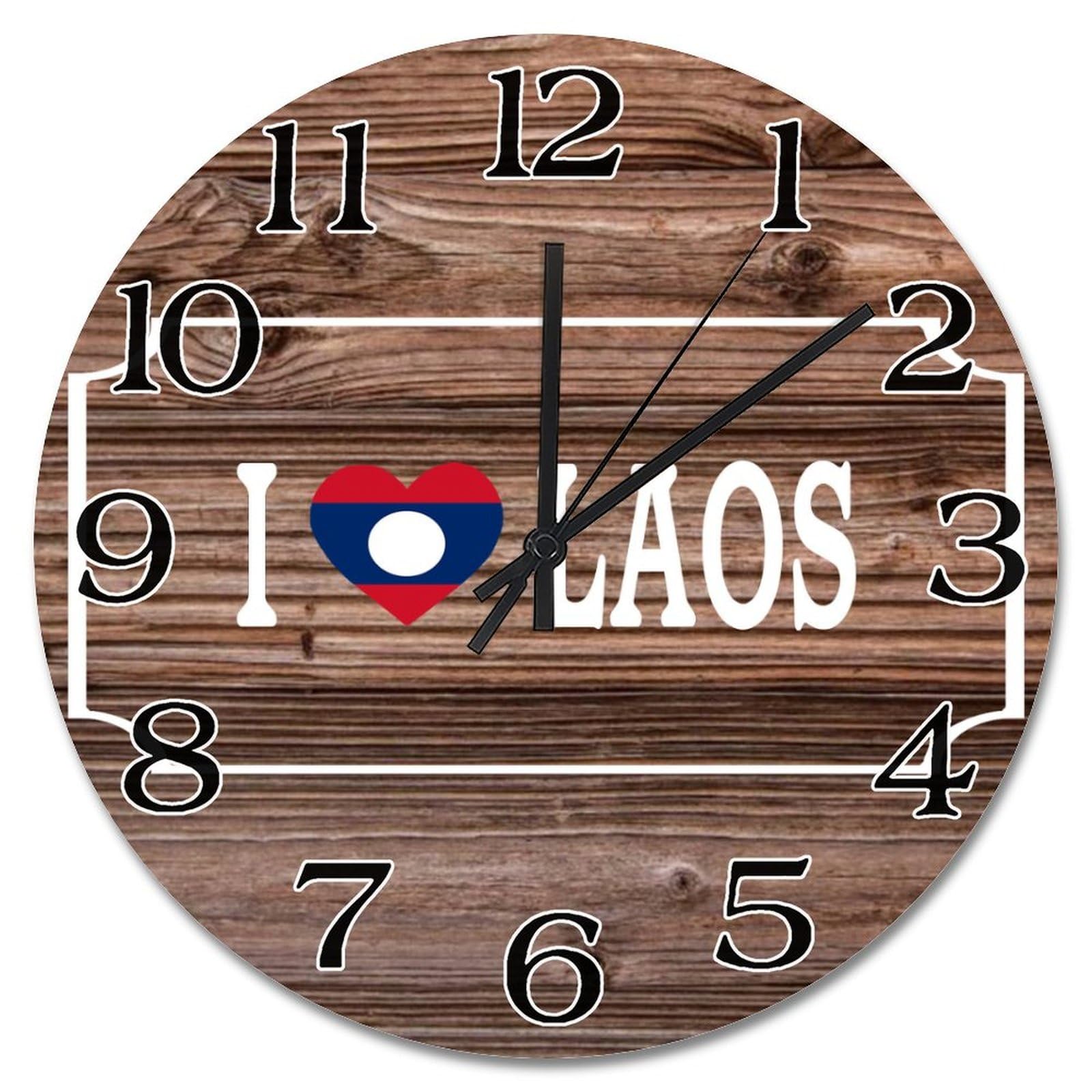 Horloge murale en bois drapeau du Laos 38cm rustique et silencieuse à piles pour salon et cuisine