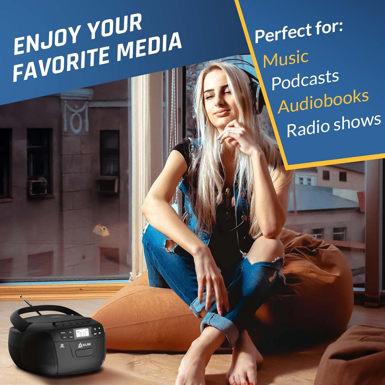 KLIM CD Player & Cassette Tape Player with Case, Bluetooth Boombox, AM/FM Radio, Stereo Sound, Remote, CD and Cassette Combo, Tape Recording, USB Drive, AUX, AC/DC Powered