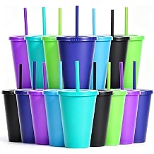 Reusable Cups with Lids and Straws, 16oz Plastic Party Cups, Holiday Party Favors, Leak-Proof Tumblers, Ideal Happy Birthday Gift, 16 Pack Smoothie Cups 16, Rainbow