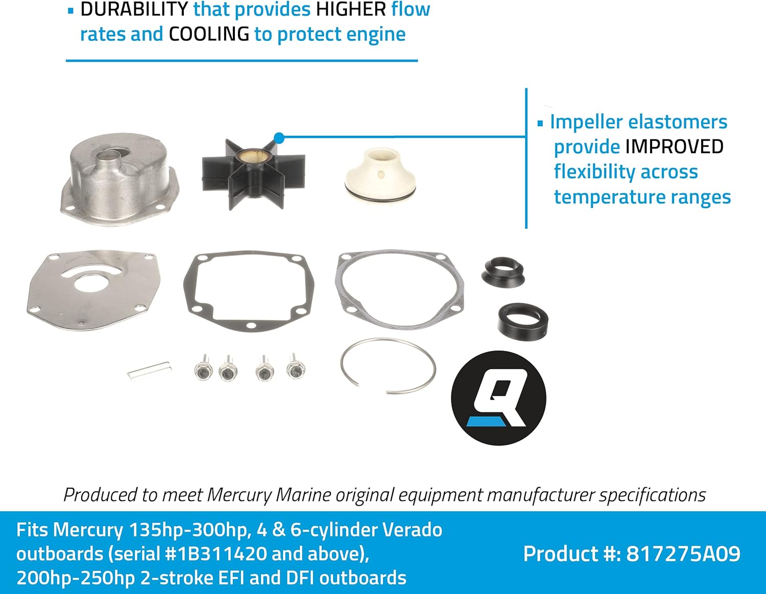 Quicksilver 817275A09 Water Pump Repair Kit for Mercury Verado 4-Cylinder 135-200 Hp Outboards