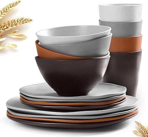 Juego de vajilla de paja de trigo de plástico irregular de 16 piezas, duradero, apto para microondas y lavavajillas, color negro