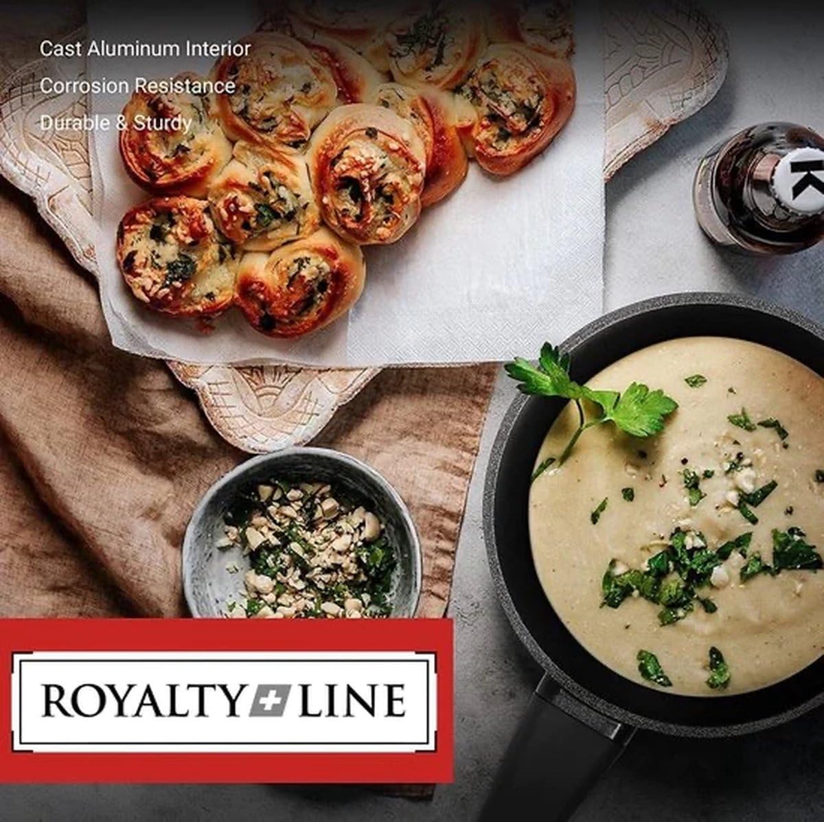 Royalty Line, Set di utensili da cucina in alluminio pressofuso 15 pezzi, rivestimento in marmo color crema