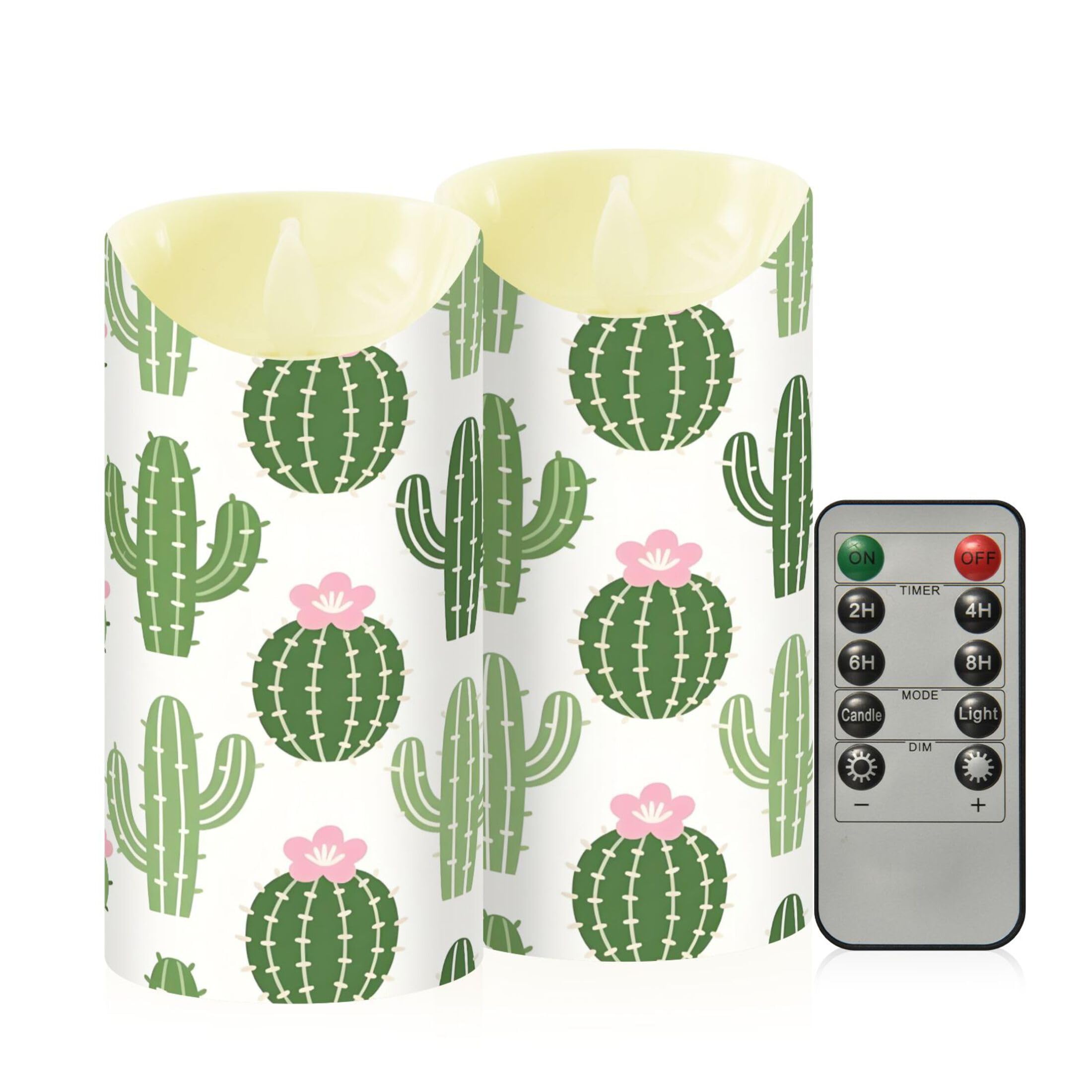 Kutsu Cactus Flameless Candles Set of 2, Battery Operated LED Flickering Candles with Remote and Timer, Plastic Pillar Candles for Home Wedding Decor