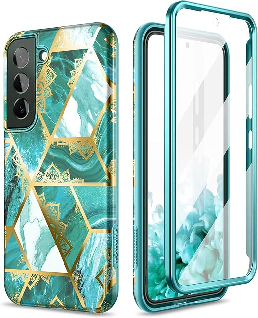 SURITCH Compatible with Samsung Galaxy S22 Case [Built-in Screen Protector] Natural Marble Full-Body Protection Shockproof Rugged Bumper Protective Cover for Samsung Galaxy S22 5G (Green Mandala)