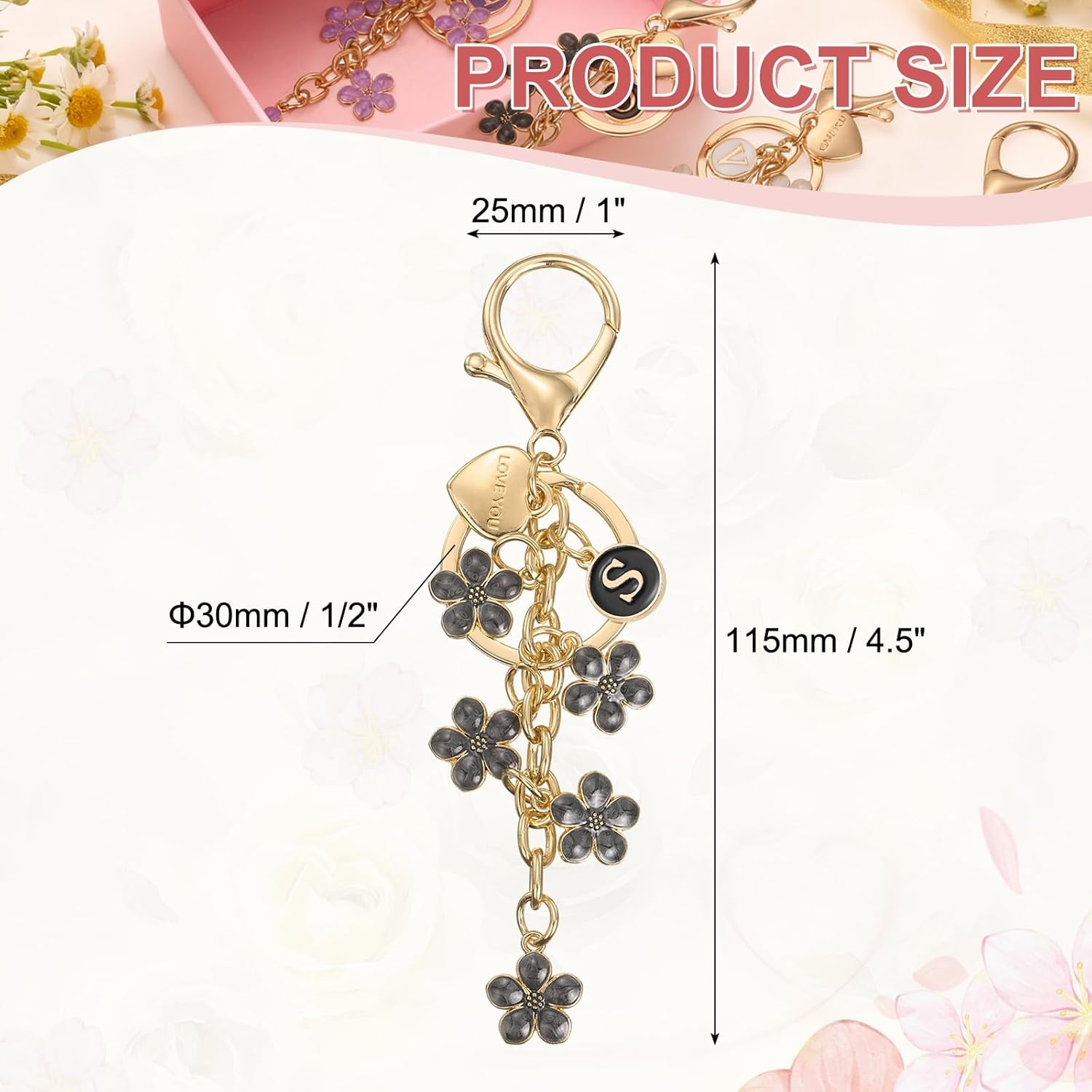 PATIKIL Initial Letter Keychain, Cute Flower Key Chain Women Bling Key Chains for Bag Backpack - Image 2