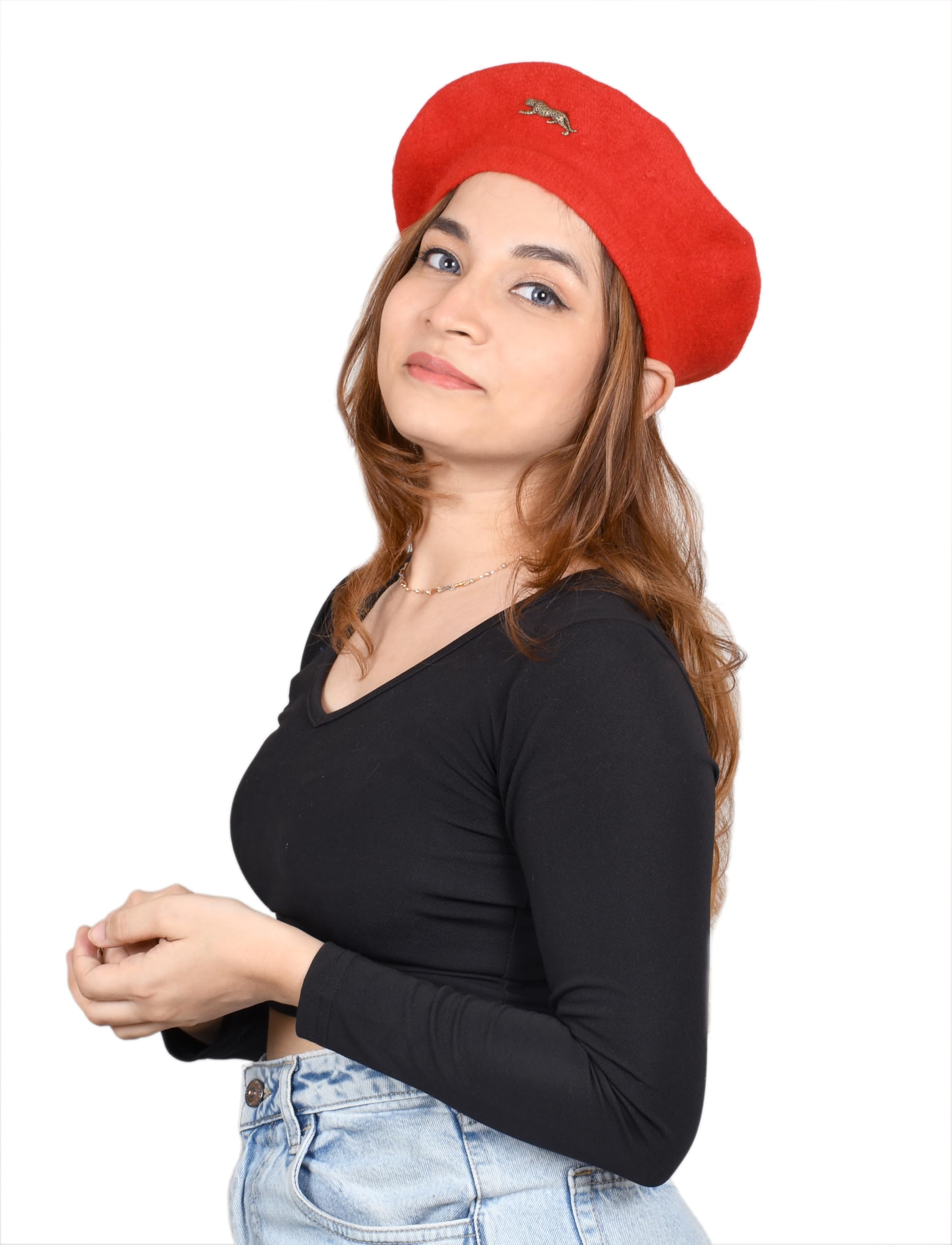 SOUL eTHICS Women's Premium Wool Blend French Artist Beret Cap - Stylish, Warm & Classic - Elegant Winter Beanie Hat for Girls & Ladies -Free Size (in, Alpha, Free Size, Red, Leopard) - Image 6 thumbnail