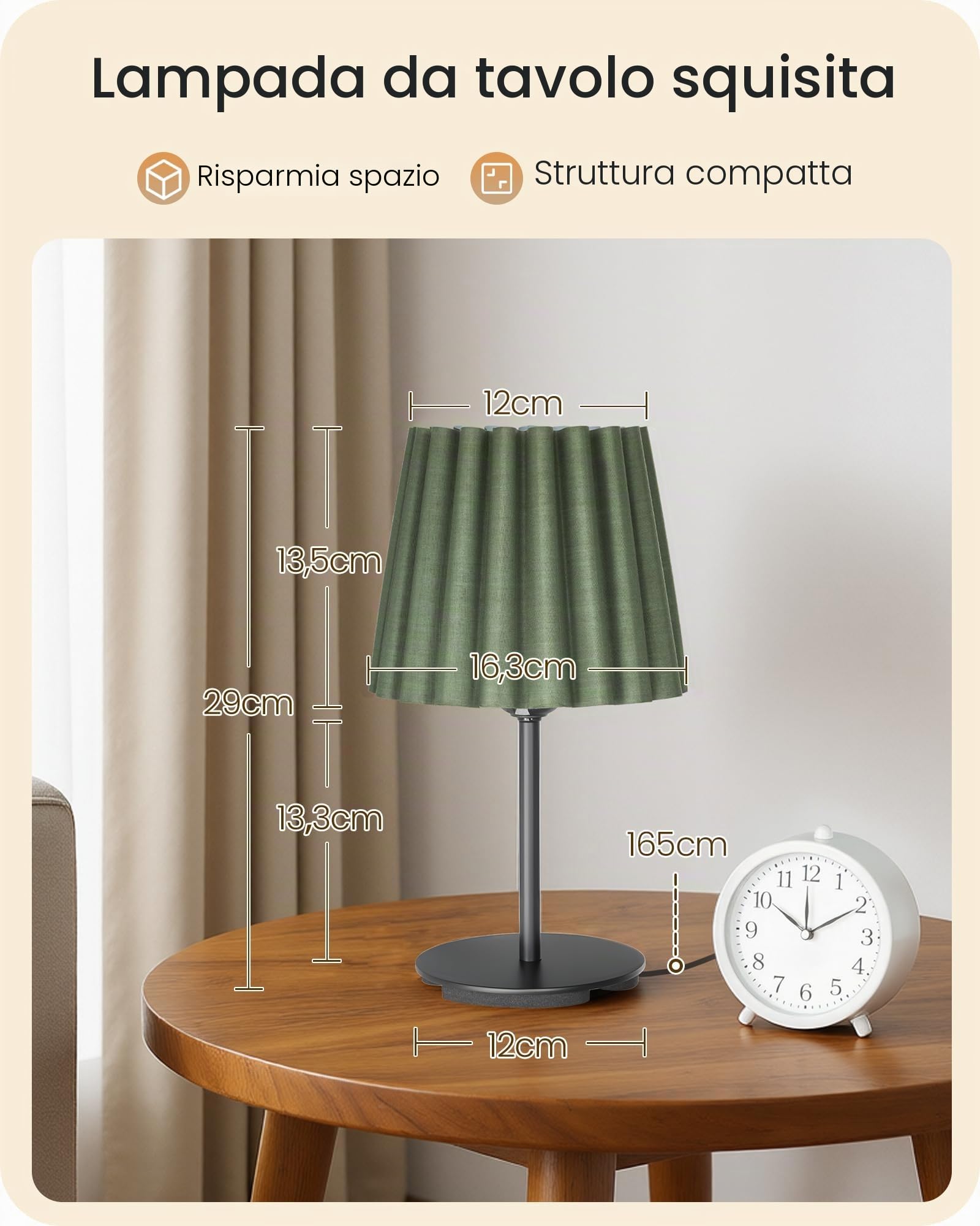 Lampada da comodino verde e nera, lampada da tavolo con cavo, lampada da davanzale con lampadine E27, 3 temperature di colore, per comodino, camera da letto, soggiorno, hotel, ZJ15TLD05