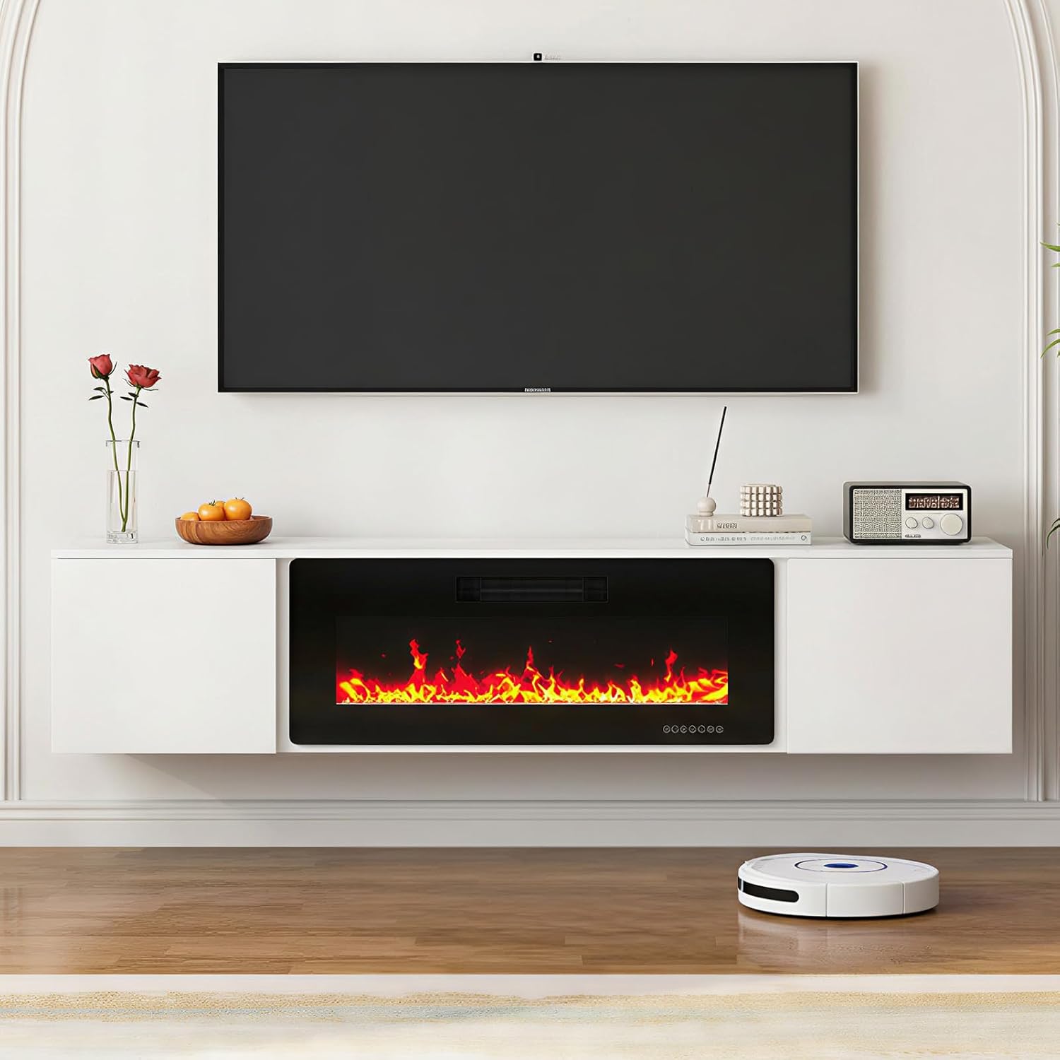 TABU 70" Floating TV Stand with 36" Electric Fireplace Heater, High-Glossy Entertainment Center& Media Console with LED Ambient Light, for TVs Up to 80",Wall-Mounted, White