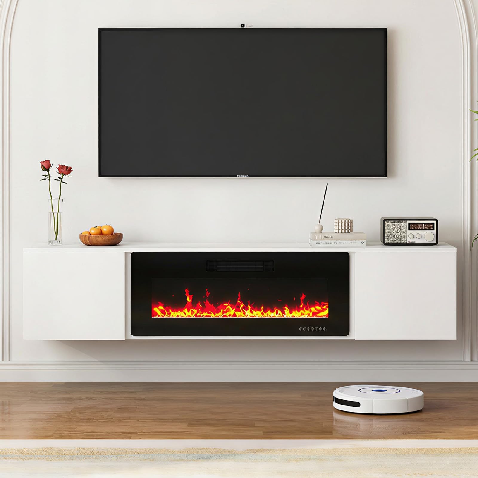 TABU 70" Floating TV Stand with 36" Electric Fireplace Heater, High-Glossy Entertainment Center& Media Console with LED Ambient Light, for TVs Up to 80",Wall-Mounted, White