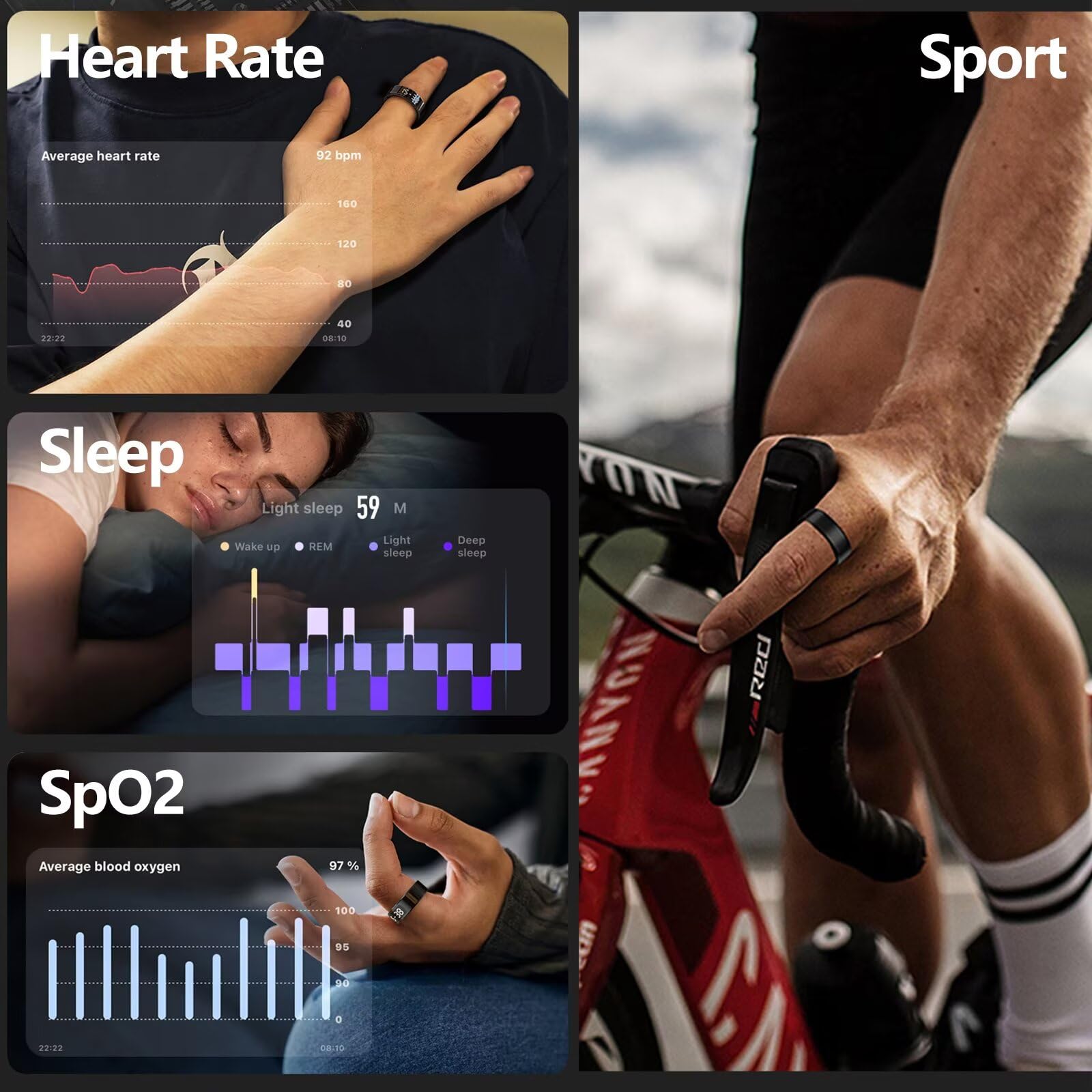 findtime Bague intelligente avec écran pour homme et femme IP68 étanche - Tracker Android iOS - Anneau de fitness intelligent SpO2 - Moniteur de fréquence cardiaque - Podomètre - Sport