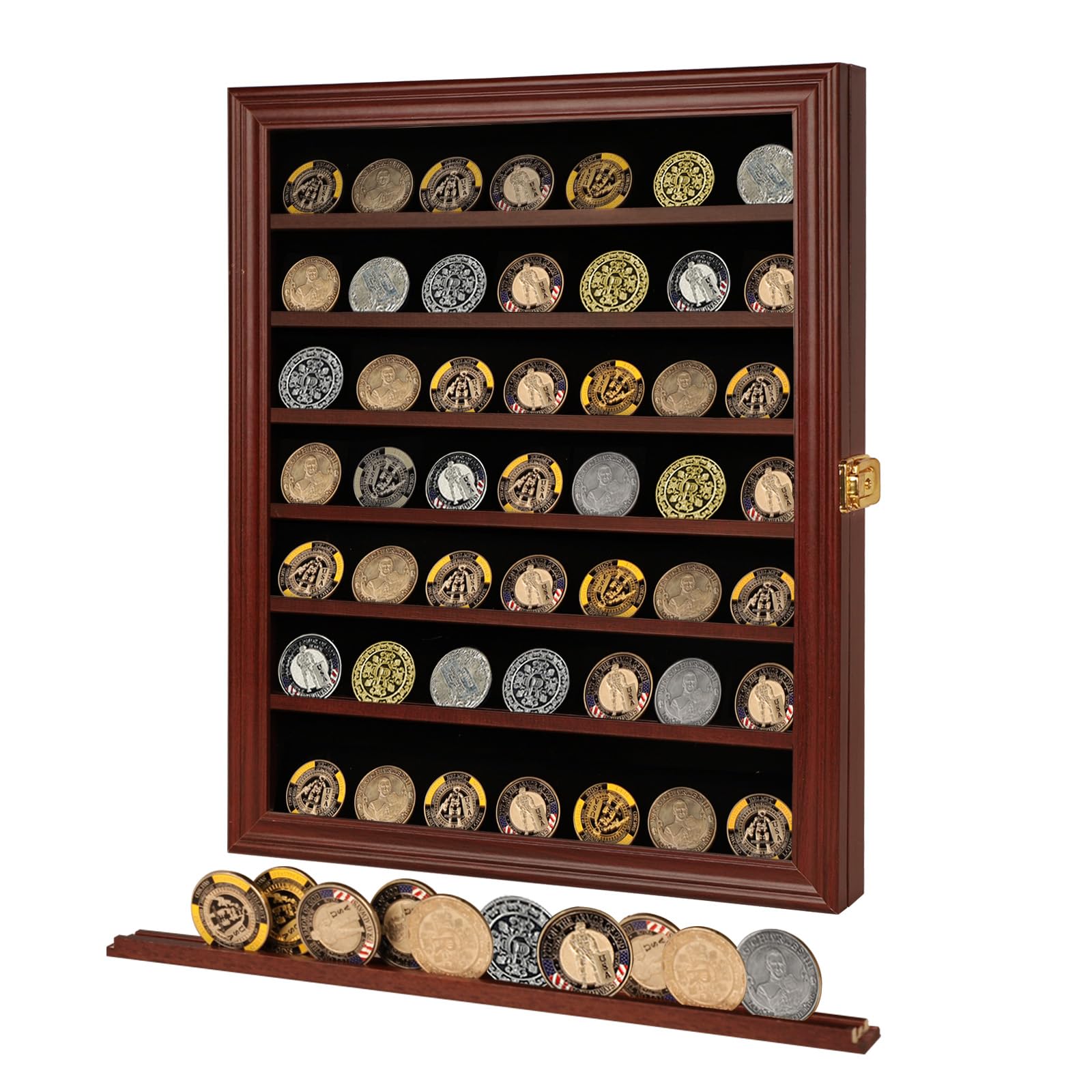 JinchuanMilitary Challenge Coin Display Case Lockable Cabinet Rack Holder Shadow Box with Removable 2 Grooves Shelves and Anti Fade Acrylic Glass for Casino Poker Chips Collectibles (Large-Mahogany)
