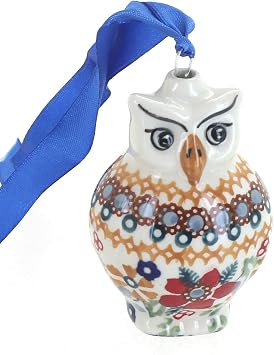 Blue Rose Polish Pottery - Red Daisy Owl Ornament - 3" Tall - Hand-Painted Collectible Decoration