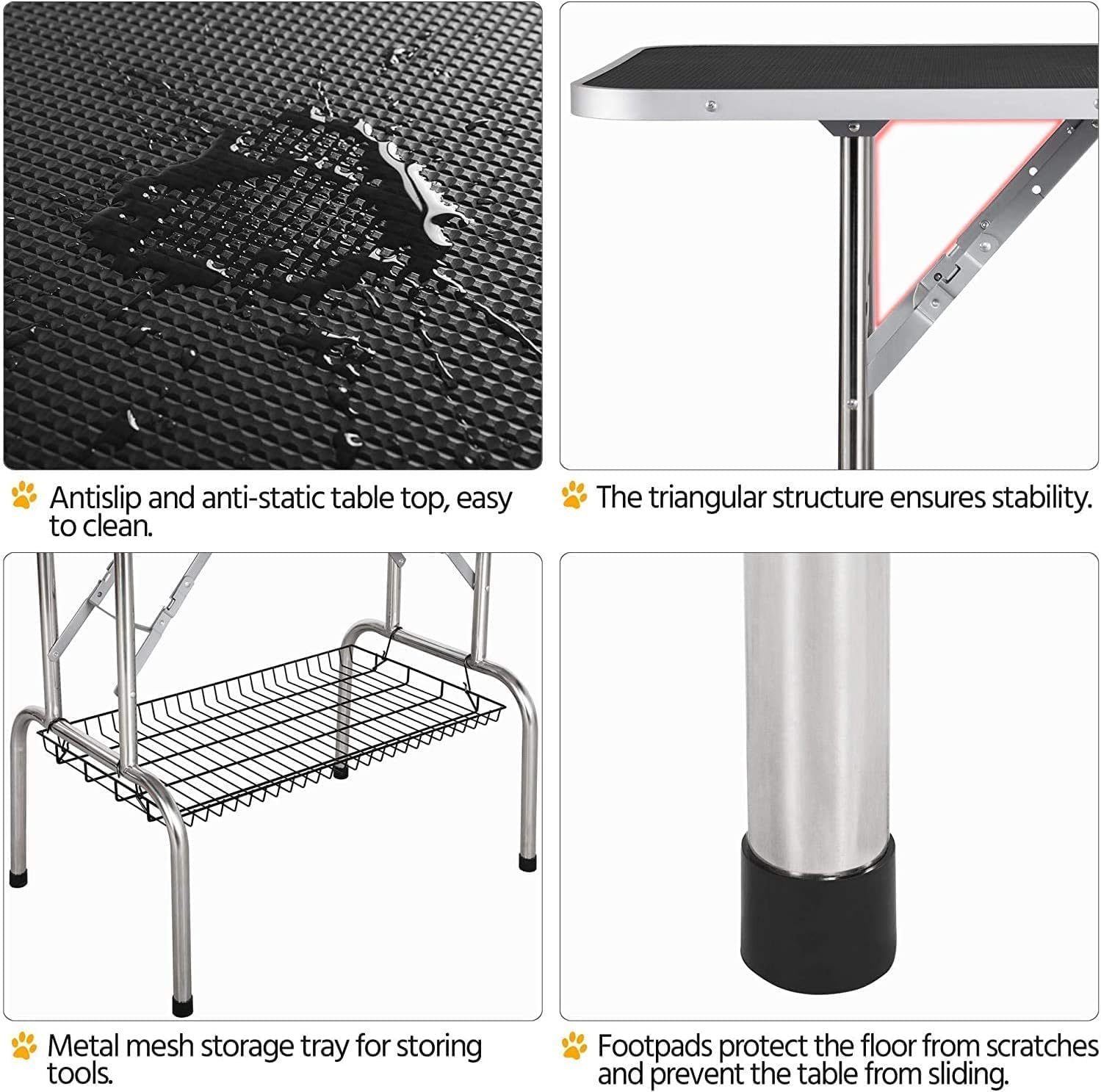 36" Pet Dog Grooming Table, Foldable Stainless Steel Frame Pet Drying Grooming Table Up to 330lbs, Professional Bathing Desk for Dogs at Home with Adjustable Overhead Arms, Noose, Mesh Tray, Black