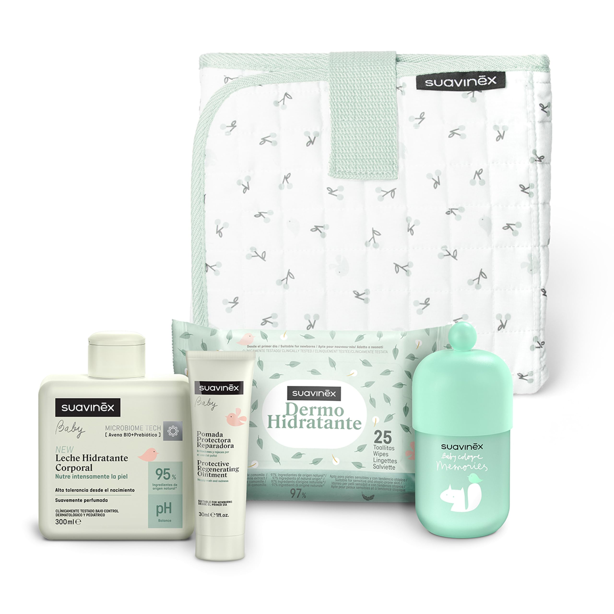 Suavinex, Canastilla Regalo con Cambiador de Tela para Bebé, Verde | Con: Baby Cologne 100 ml + Pomada para el Pañal 30 ml + Leche Hidratante Corporal 300 ml + Toallitas Dermohidratantes 25 uds