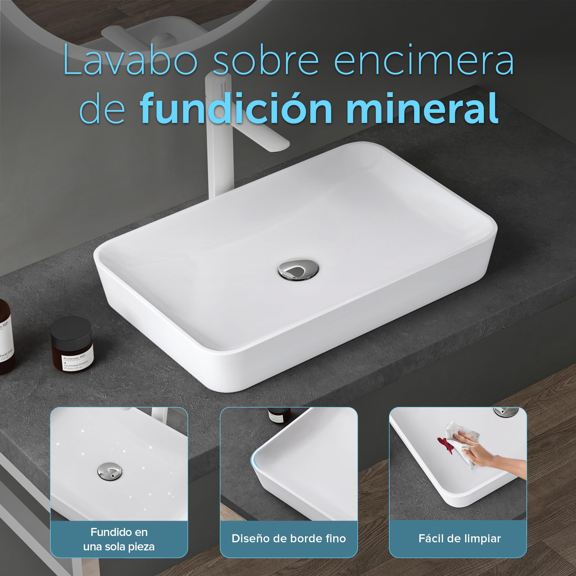 doporro Lavabo Sobre Encimera Rectangular 60x40x9 cm, Mármol Fundido Blanco Mate con Recubrimiento Nano, Conexión Estándar DIN, Colossum815