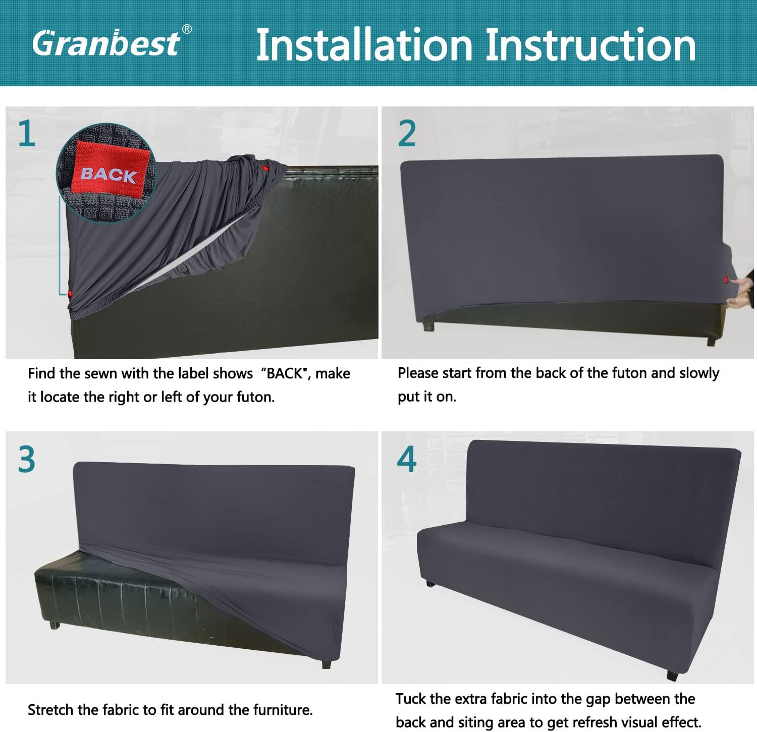 Granbest Water Repellent Futon Cover High Stretch Armless Sofa Covers Foldable Sofa Bed Covers Jacquard Futon Slipcover Waterproof Furniture Protector for Kids, Pets (Futon, Gray)