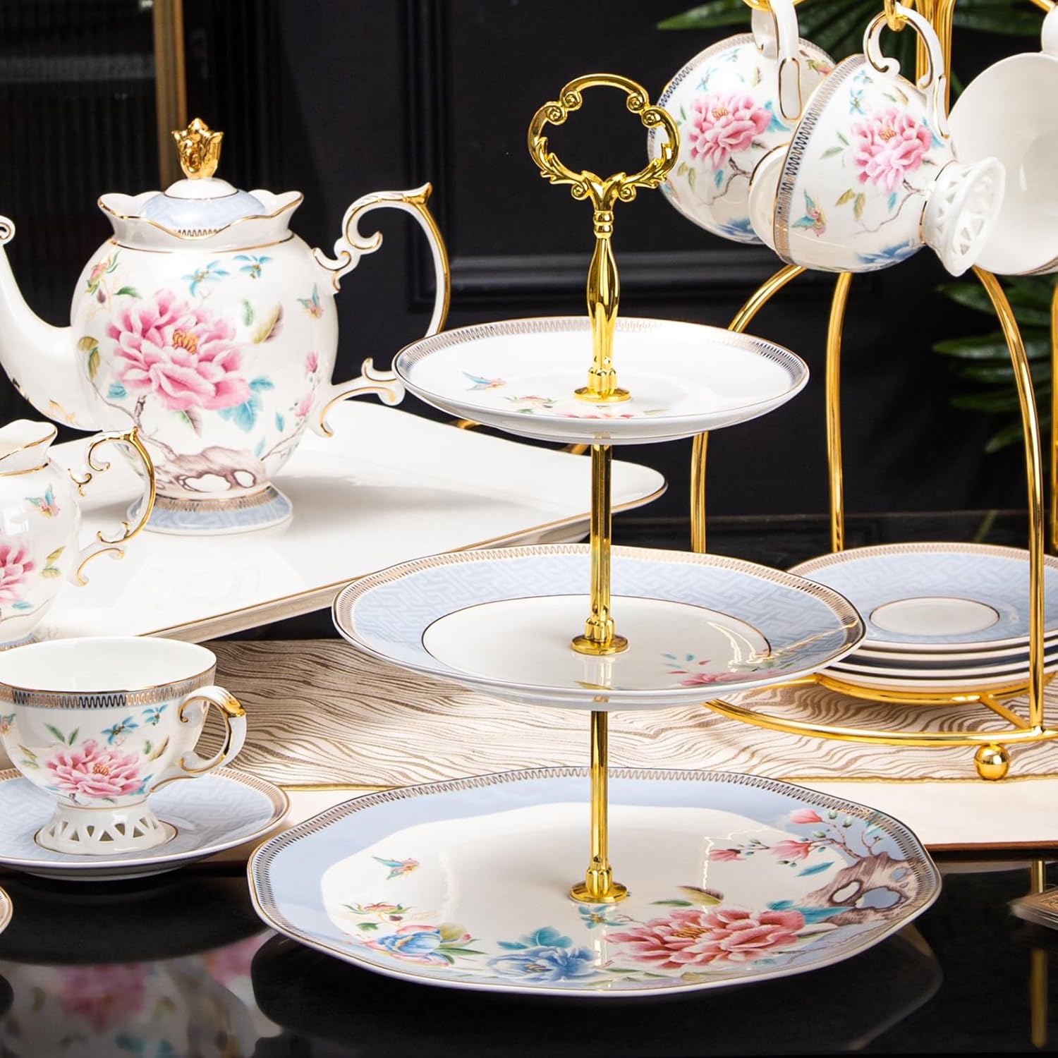 3 Tier Serving Tray, Bone China Tiered Dessert Stand, Floral Afternoon Tea Stand, Ceramic Cake Stand with Gold Rod and Gold Trim, Food Grade Cupcake Stand for Tea Party Birthday Party