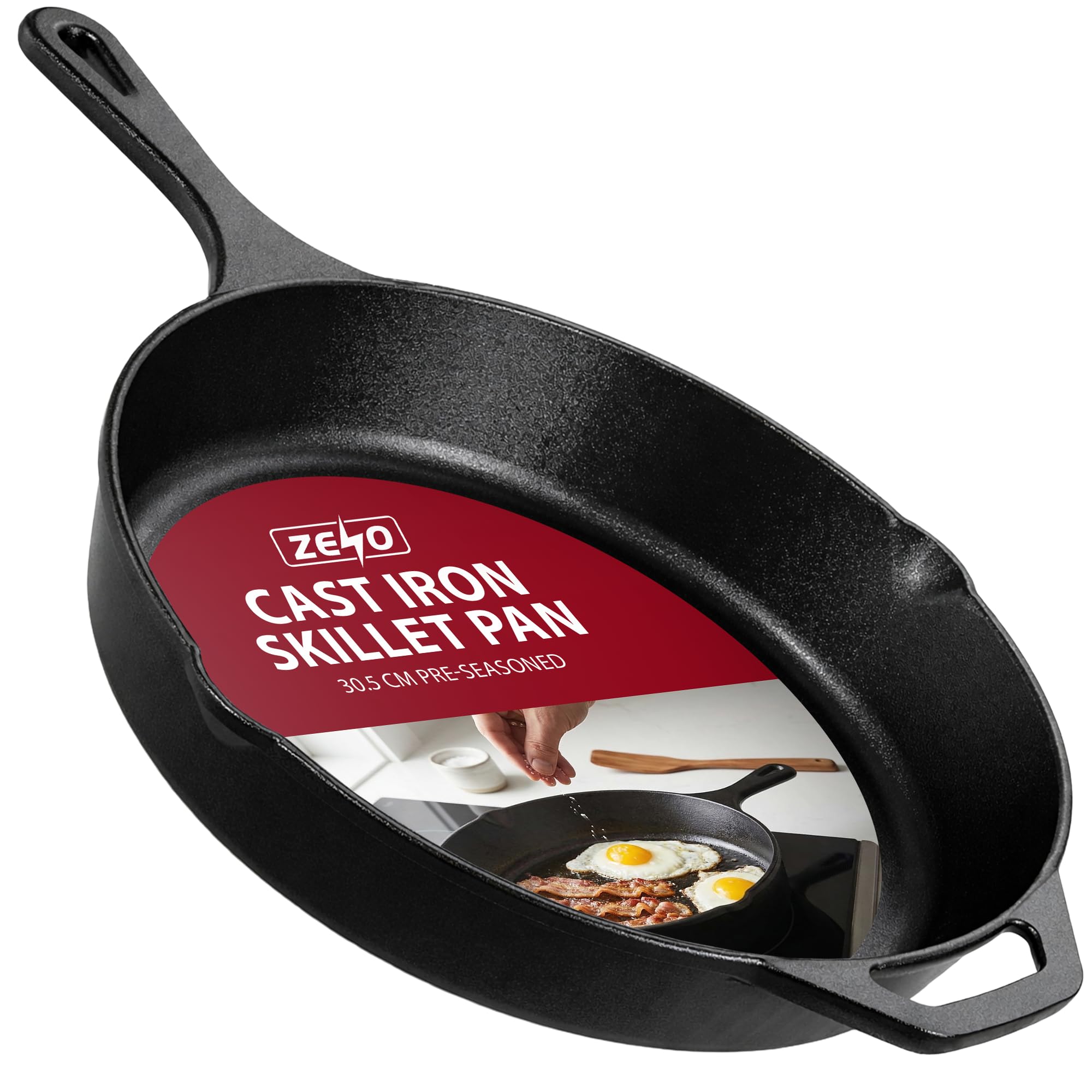 ZENO Cast Iron Skillet Pan 30.5CM | Pre-Seasoned Cast Iron Pan | Heavy Duty Cast Iron Frying Pan with Dual Handles | Oven Safe Skillet Pan for Hob, Grill, Oven and Camping | Cast Iron Skillet