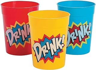 Fun Express Set of 12 Superhero Plastic Tumblers, Holds 10 oz, BPA Free Plastic, Birthday Party Supplies, Multi-Color