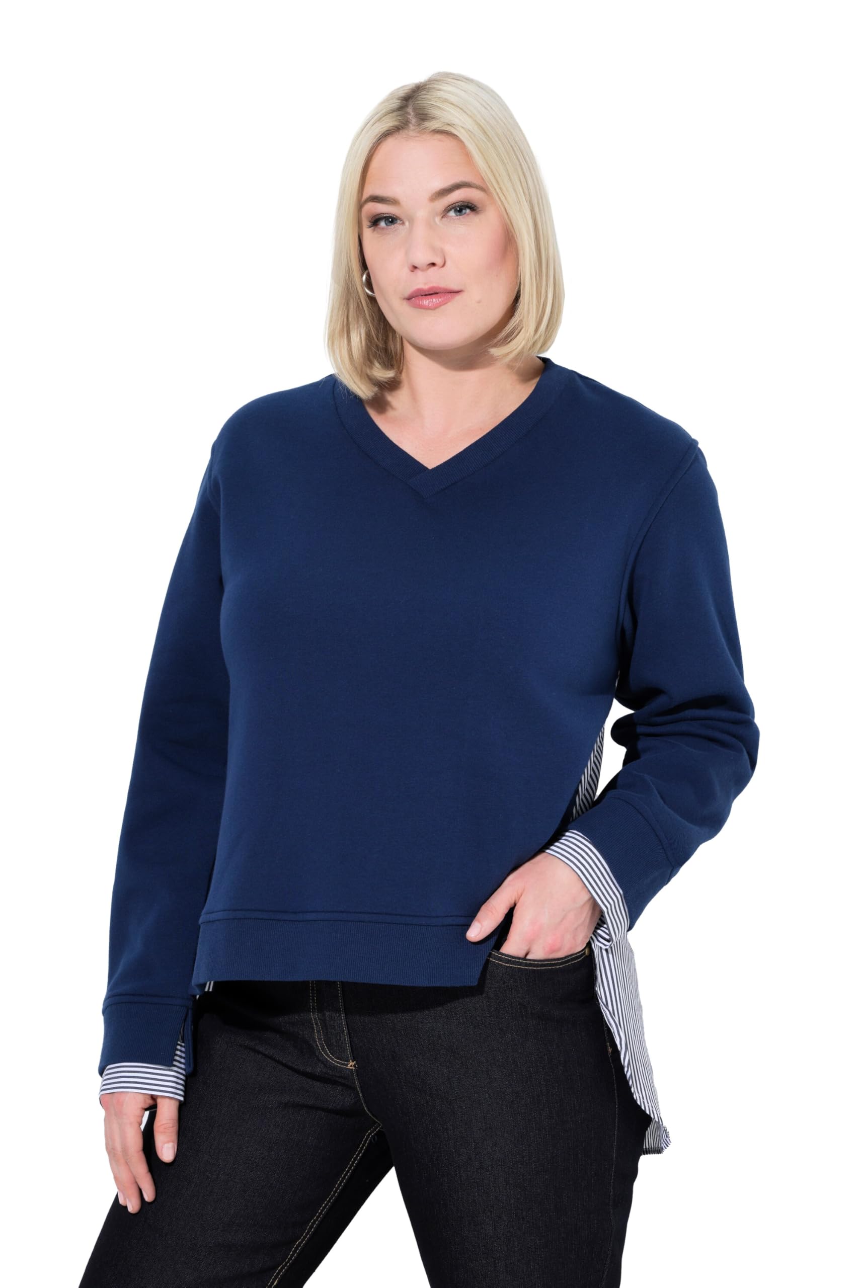 Ulla Popken Damen große Größen Übergrößen Plus Size 2-in-1-Sweatshirt, V-Ausschnitt, Langarm 835016