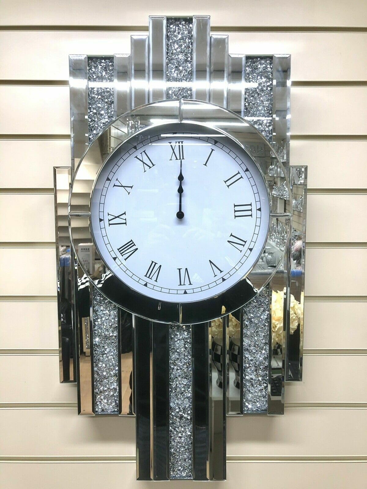 Deenz Silver Mirrored Crushed Jewel Crystal Diamond Mantel Clock Wall Clock Wall Hanging Home Decor 70X33cm
