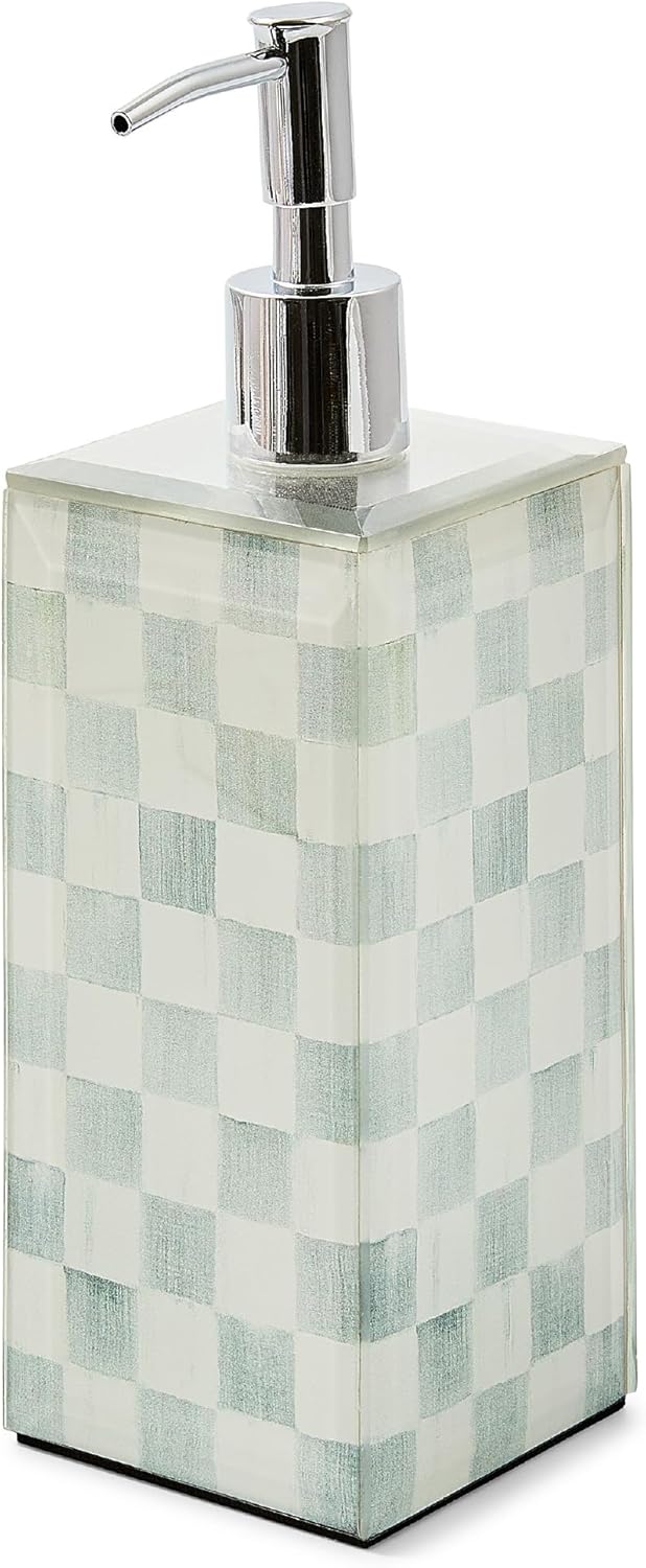 MACKENZIE-CHILDS Glass Soap Pump, Liquid Soap Dispenser, Gray-and-White Sterling Check