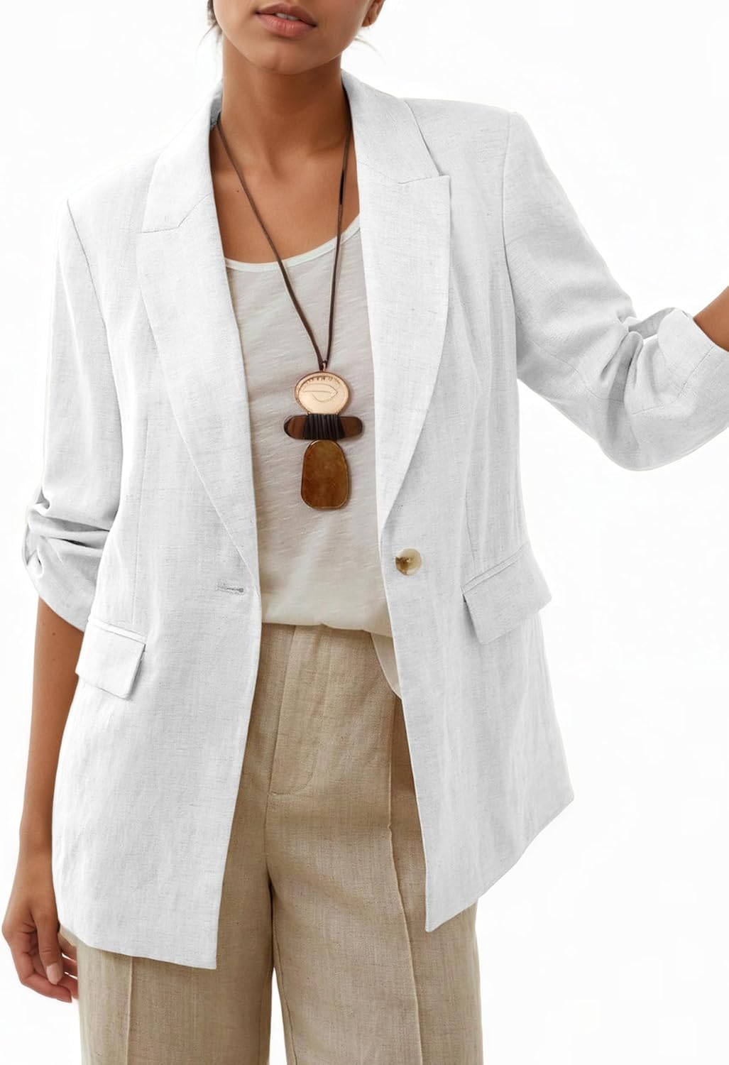 Mina Self 2026 Women's Summer Linen Blazer 3/4 Sleeve Long Lightweight Fully-Lined Trendy Casual Work Office Suit Jackets - Image 2