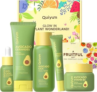 QUIYUM Avocado & CICA 5 Step Face Skincare Routine Kit for Women Teen Girls | Vibrant Avocado-Themed Skincare Gift Set with Face Wash, Toner, Serum, Eye Cream, Moisturizer, Gentle Hydrating Glow Care
