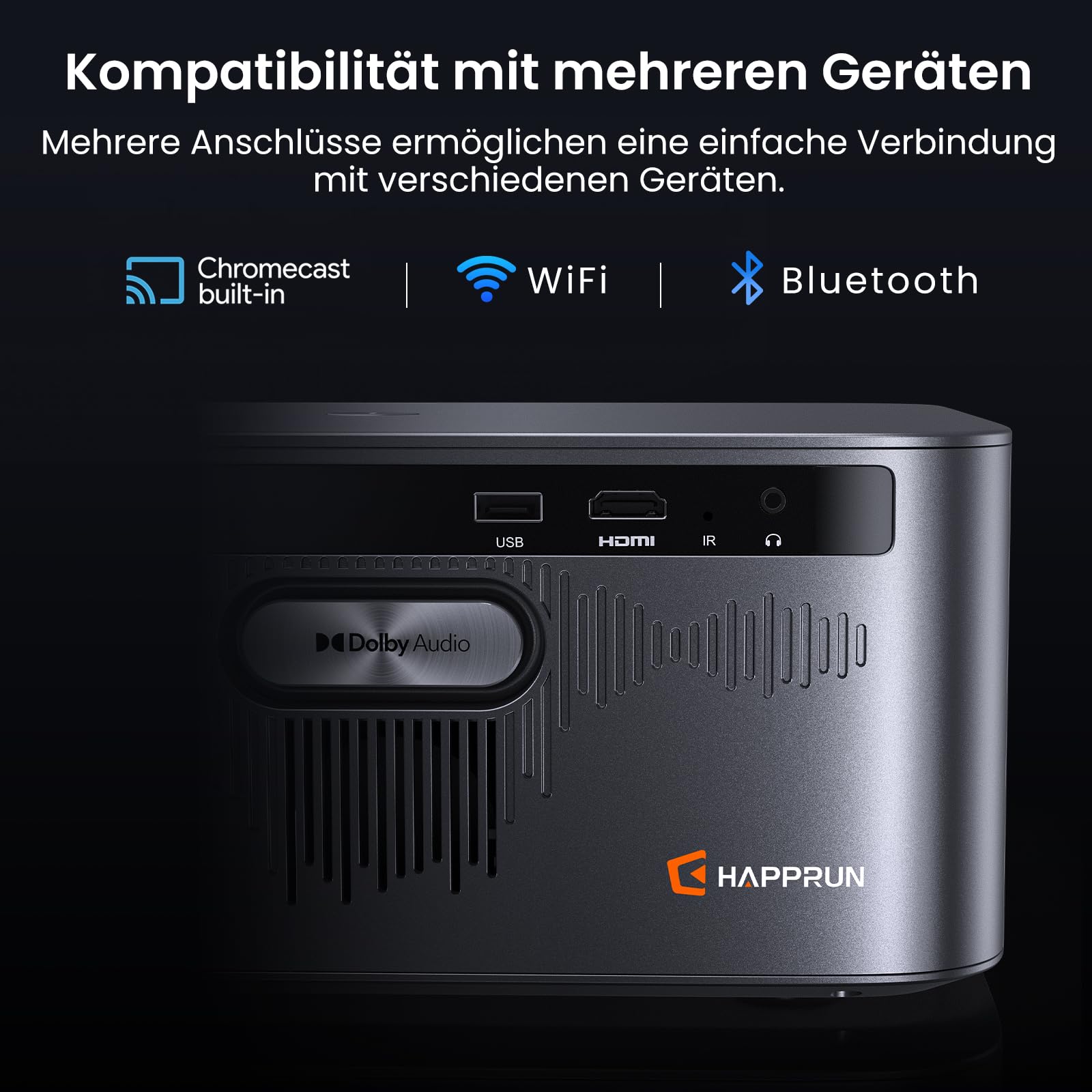 HAPPRUN Smart Beamer mit 3000 ANSI Lumen, Offiziellem Google TV, 4K-Unterstützung, Dolby Audio, Autofokus und Auto-Keystone, WiFi 6 und Bluetooth, für Zuhause und Outdoor, Schwarz