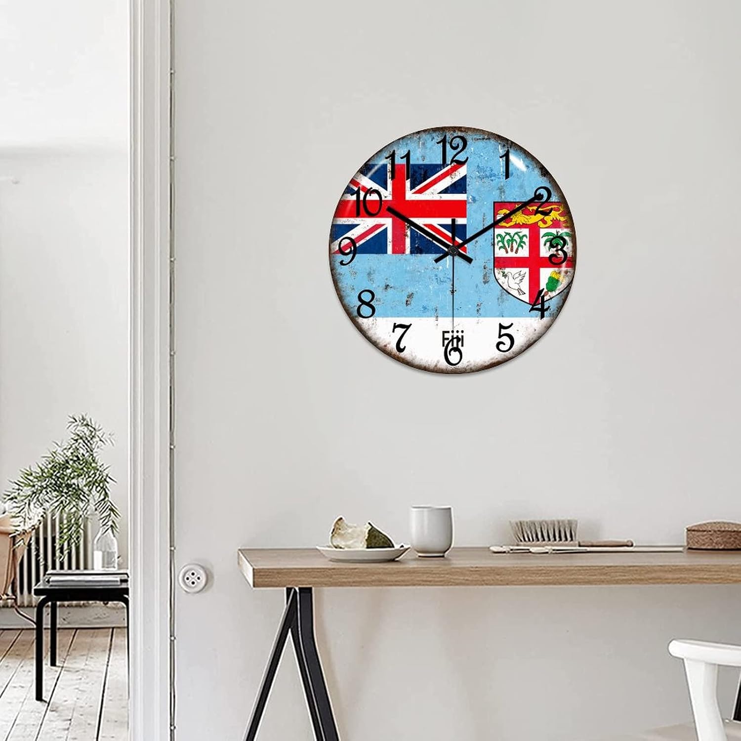 Fiji Flag Wall Clock Fiji Wooden Wall Clocks Battery Operated 15 Inch Non-Ticking Retro Cabin Wall Decor for Kitchen Bedroom Living Room Office, Style-2, 8xn89mod3u6m