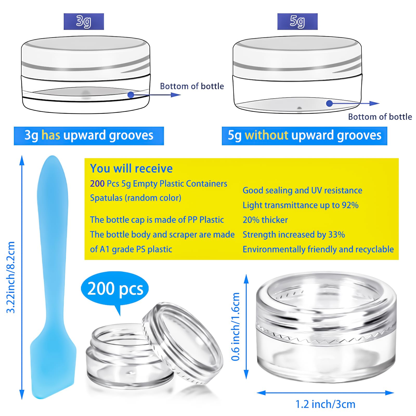 Paquete de 200 tarros de plástico de 5 g con tapas, recipientes redondos transparentes de 5 ml, tarros de maquillaje de tamaño de viaje de 5 gramos con espátulas para muestras de maquillaje