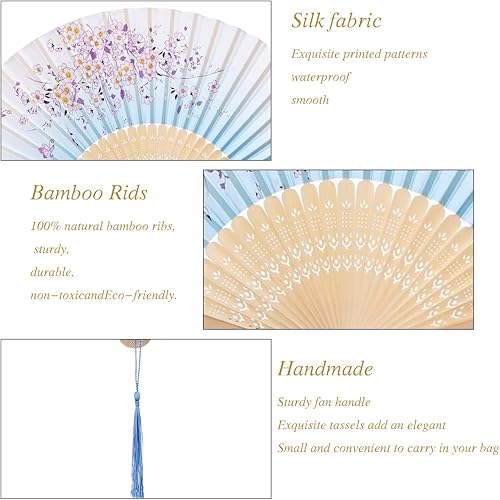 Miniatura 2 de QIRMIZI 4 ventiladores de mano Elegantes ventiladores plegables de seda con marcos de bambú, ventilador plegable de flecos huecos, ventilador de