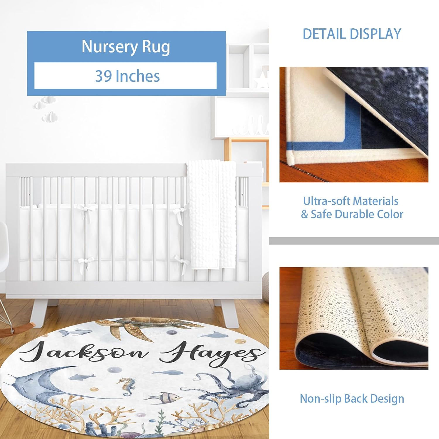 Custom Baby Crib Bedding Set, 4 Pcs Personalized Ocean Theme Bedding Set with Name, Soft Blanket Fitted Sheet Pad Cover Rug for Girls Boys New Parents Baby Shower Toddlers Gifts Nursery Decor