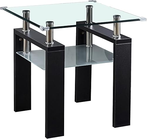 Miniatura 1 de SSLine Mesa auxiliar de vidrio transparente con patas de marco de madera negra, mesa auxiliar cuadrada de 2 niveles para sala de estar, moderna y