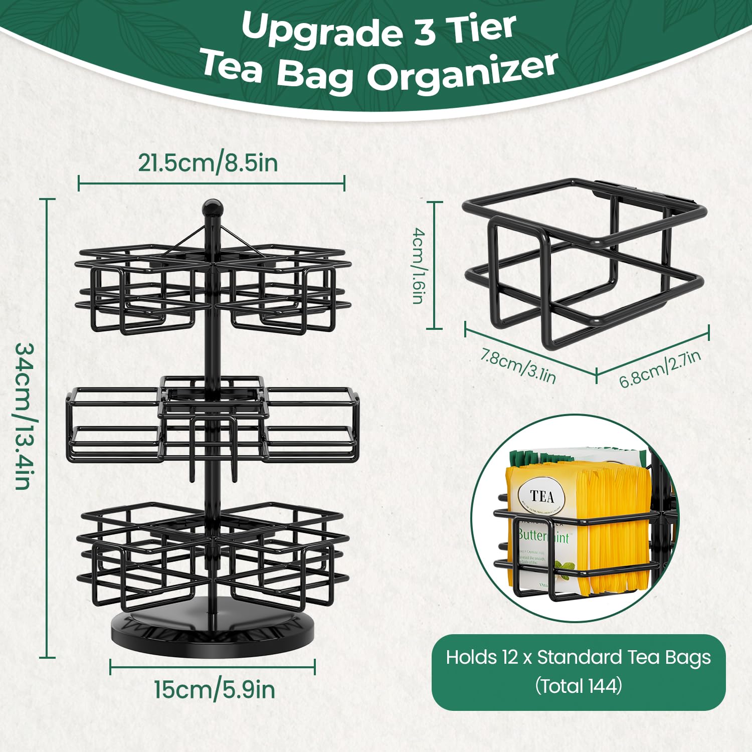 EsLuker.ly Organisateur de sachets de thé en métal rotatif à 3 niveaux - Pour ranger les sachets de thé - Support de rangement pour sachets de thé - Grand avec 12 compartiments pour la cuisine - Noir