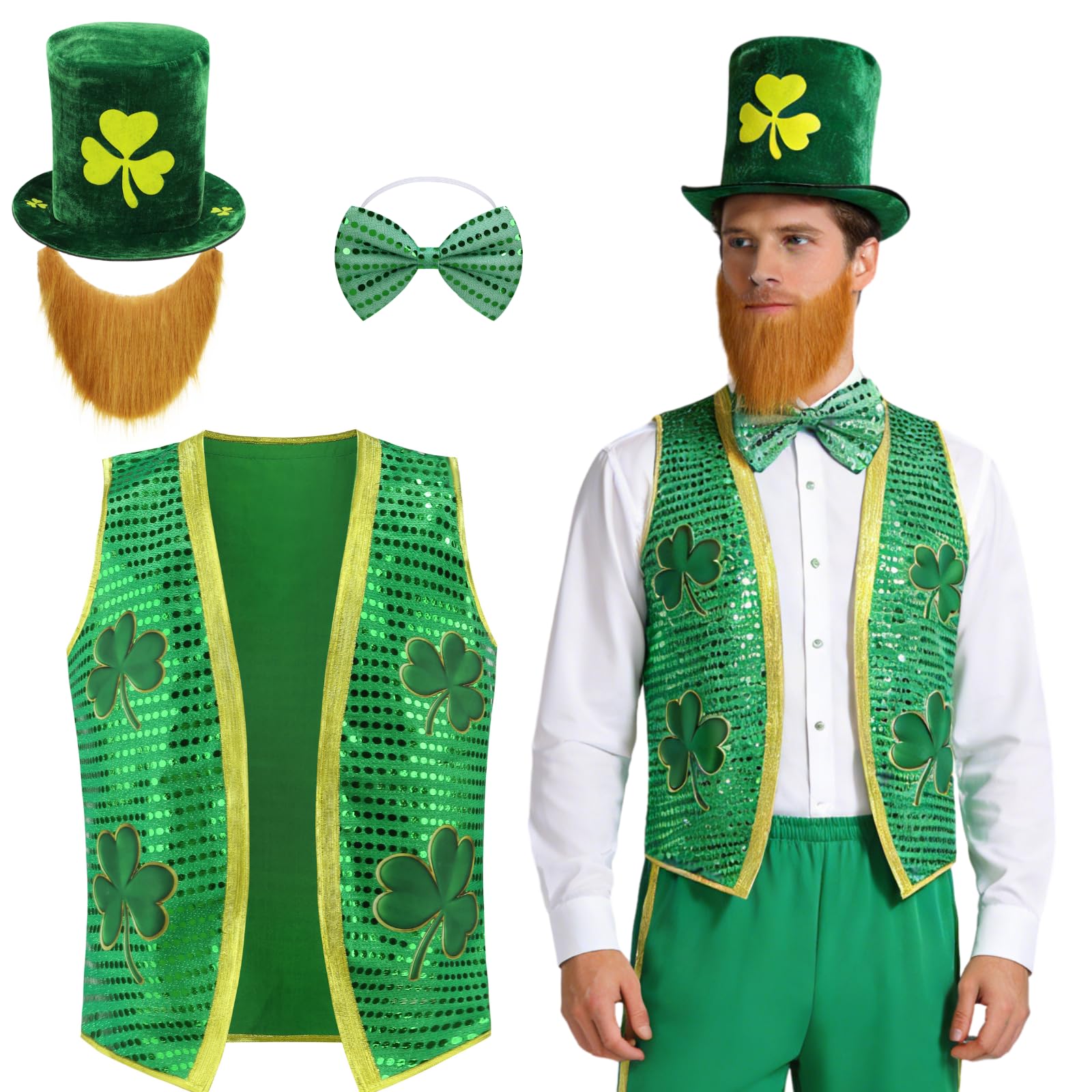 maxToonrain 4PCS St. Patrick's Day Costume Mens Sequin Shiny Vest with Green Sequined Bow Tie, Ginger Beard, Tall Shamrock Hat Adult Leprechaun Fancy Dress for Irish St. Paddy's Day (Medium)