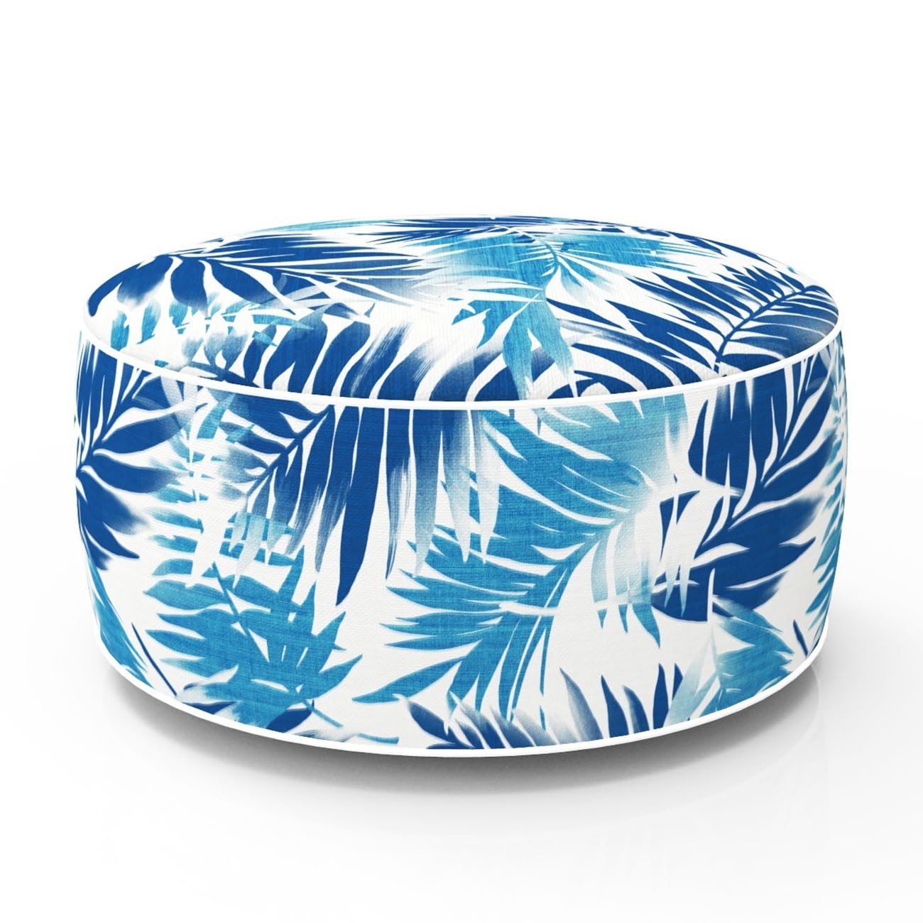 Fabritones Outdoor Inflatable Ottoman Cover Round 21x9 Inch Blue Leaf Pattern Patio Foot Stools and Ottomans Cover