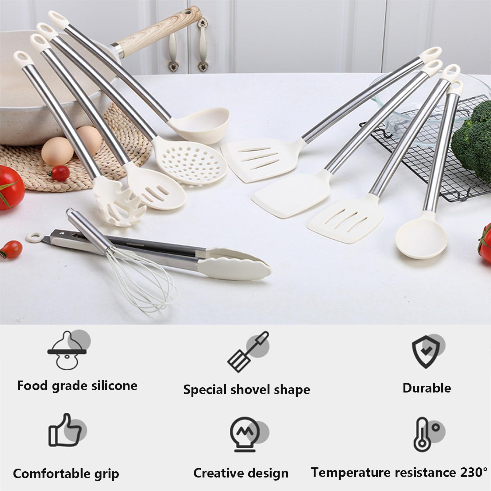 Ensemble d'ustensiles de cuisine en silicone résistant à la chaleur avec poignée en acier inoxydable, passe au lave-vaisselle, idéal pour les ustensiles de cuisine antiadhésifs
